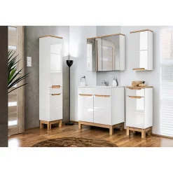 Meuble salle de bain ERMANO Chene clair et blanc brillant 80x70 cm 2 portes miroir Meuble suspendu