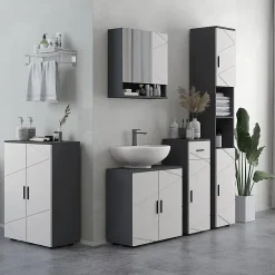 Meuble salle de bain gris à double porte avec étagères réglables, meuble d'appoint et rangement pour salon, 60x30x82 cm