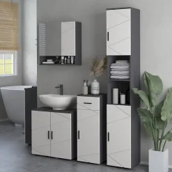 Meuble salle de bain gris, armoire d'appoint avec tiroir et étagères réglables, meuble de rangement, idéal salle de bain ou salon