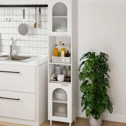 Meuble Salle de Bain Haut avec 2 Placards à Porte Verre, 2 Compartiments Ouverts, Pieds Surélevés,35x30x180 CM