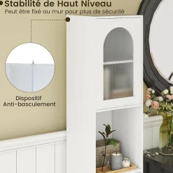 Meuble Salle de Bain Haut avec 2 Placards à Porte Verre, 2 Compartiments Ouverts, Pieds Surélevés,35x30x180 CM