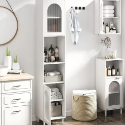 Meuble Salle de Bain Haut avec 2 Placards à Porte Verre, 2 Compartiments Ouverts, Pieds Surélevés,35x30x180 CM