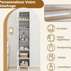 Meuble Salle de Bain Haut avec 2 Placards à Porte Verre, 2 Compartiments Ouverts, Pieds Surélevés,35x30x180 CM