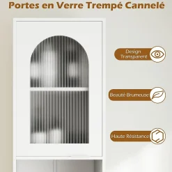 Meuble Salle de Bain Haut avec 2 Placards à Porte Verre, 2 Compartiments Ouverts, Pieds Surélevés,35x30x180 CM