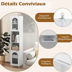 Meuble Salle de Bain Haut avec 2 Placards à Porte Verre, 2 Compartiments Ouverts, Pieds Surélevés,35x30x180 CM