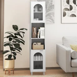 Meuble Salle de Bain Haut avec 2 Placards à Porte Verre, 2 Compartiments Ouverts, Pieds Surélevés,35x30x180 CM