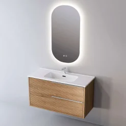 Meuble Salle de Bain LISTELLO 81 cm x H54 x P45 cm, Plan Vasque Cérame, 2 Tiroirs Impression 3D Poignée Inox, Chêne Clair