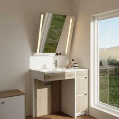 Meuble salle de bain PMR ANDY PLUS 90 cm bois et blanc + miroir Motory