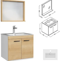 Meuble salle de bain RUBITE simple vasque 2 portes Chêne clair L. 60 cm + miroir cadre - Saniverre