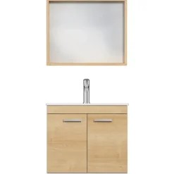 Meuble salle de bain RUBITE simple vasque 2 portes Chêne clair L. 60 cm + miroir cadre - Saniverre