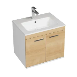 Meuble salle de bain RUBITE simple vasque 2 portes Chêne clair L. 60 cm + miroir cadre - Saniverre