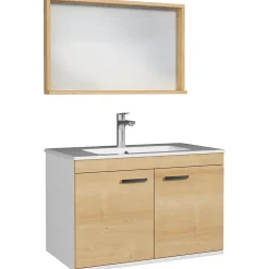 Meuble salle de bain RUBITE simple vasque 2 portes Chêne clair L. 80 cm + miroir cadre - Saniverre