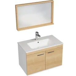 Meuble salle de bain RUBITE simple vasque 2 portes Chêne clair L. 80 cm + miroir cadre - Saniverre