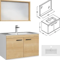 Meuble salle de bain RUBITE simple vasque 2 portes Chêne clair L. 80 cm + miroir cadre - Saniverre