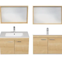 Meuble salle de bain RUBITE simple vasque 2 portes Chêne clair L. 80 cm + miroir cadre - Saniverre