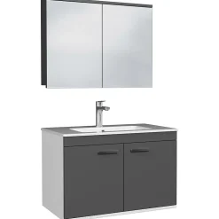 Meuble salle de bain RUBITE simple vasque 2 portes Gris anthracite L. 80 cm + miroir armoire - Saniverre