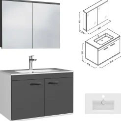 Meuble salle de bain RUBITE simple vasque 2 portes Gris anthracite L. 80 cm + miroir armoire - Saniverre
