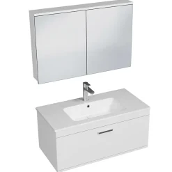 Meuble salle de bain simple vasque RUBITE 1 tiroir Blanc L. 90 cm + miroir armoire - Saniverre
