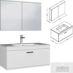 Meuble salle de bain simple vasque RUBITE 1 tiroir Blanc L. 90 cm + miroir armoire - Saniverre