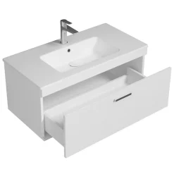 Meuble salle de bain simple vasque RUBITE 1 tiroir Blanc L. 90 cm + miroir armoire - Saniverre