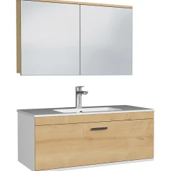 Meuble salle de bain simple vasque RUBITE 1 tiroir Chêne clair L. 100 cm + miroir armoire - Saniverre
