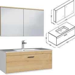 Meuble salle de bain simple vasque RUBITE 1 tiroir Chêne clair L. 100 cm + miroir armoire - Saniverre