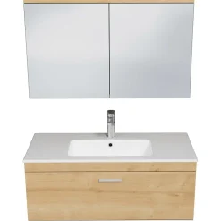 Meuble salle de bain simple vasque RUBITE 1 tiroir Chêne clair L. 100 cm + miroir armoire - Saniverre
