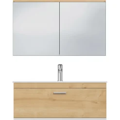 Meuble salle de bain simple vasque RUBITE 1 tiroir Chêne clair L. 100 cm + miroir armoire - Saniverre