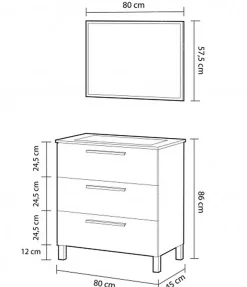 Meuble salle de bain sous vasque salle de bain avec 3 Tiroirs + 1 Miroir chêne clair - Longueur 80 x Profondeur 45 x Hauteur 86 cm