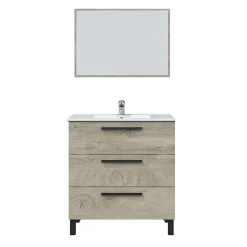 Meuble salle de bain sous vasque avec 3 Tiroirs + 1 Miroir coloris Alaska chêne - Longueur 80 x Profondeur 45 x Hauteur 86 cm