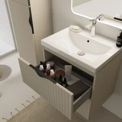 Meuble salle de bain strié - 60 cm - avec plan vasque - Beige cachemire mat - à suspendre - Tirso