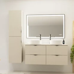 Meuble salle de bain strié 120 cm pour vasque à poser - Beige cachemire mat - à suspendre - Tirso