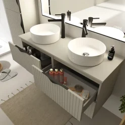Meuble salle de bain strié 120 cm pour vasque à poser - Beige cachemire mat - à suspendre - Tirso