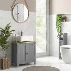 Meuble salle de bain sur pied - meuble sous-vasque - 2 portes, étagère - MDF panneaux aspect bois clair gris