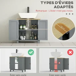 Meuble salle de bain sur pied - meuble sous-vasque - 2 portes, étagère - MDF panneaux aspect bois clair gris