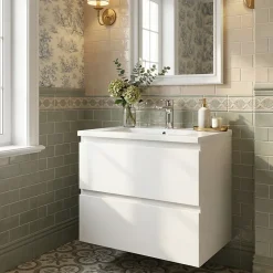 Meuble salle de bain suspendu 59 x 50 x 45 cm blanc brillant 2 tiroirs avec lavabo en marbre coulé SAT B-Way (BWAY260WU)