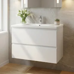 Meuble salle de bain suspendu 59 x 50 x 45 cm blanc brillant 2 tiroirs avec lavabo en marbre coulé SAT B-Way (BWAY260WU)