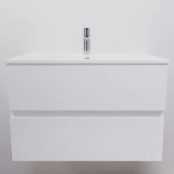 Meuble salle de bain suspendu 80 cm ROSALY- Blanc- Plan vasque en Céramique