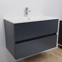 Meuble salle de bain suspendu 80 cm ROSALY- Gris- Plan vasque en Céramique