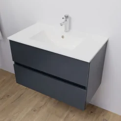 Meuble salle de bain suspendu 80 cm ROSALY- Gris- Plan vasque en Céramique