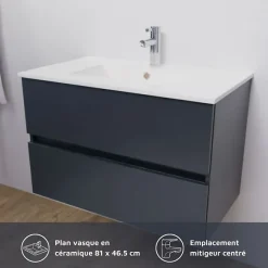 Meuble salle de bain suspendu 80 cm ROSALY- Gris- Plan vasque en Céramique