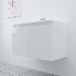 Meuble salle de bain suspendu 80 cm PROLINE- Blanc- Plan vasque en Céramique