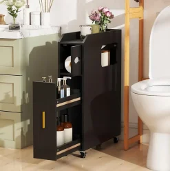Meuble Salle de Bain Étroit,avec Support pour Papier Toilette,2 Tiroir, 2 Roue, Poignée Pratique,pour Buanderie, Toilette (Noir)