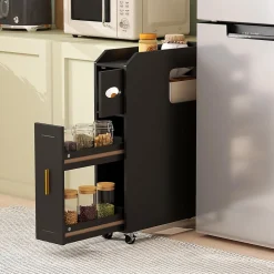 Meuble Salle de Bain Étroit,avec Support pour Papier Toilette,2 Tiroir, 2 Roue, Poignée Pratique,pour Buanderie, Toilette (Noir)