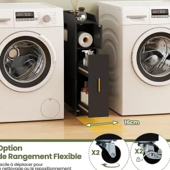 Meuble Salle de Bain Étroit,avec Support pour Papier Toilette,2 Tiroir, 2 Roue, Poignée Pratique,pour Buanderie, Toilette (Noir)