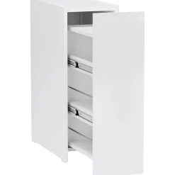 Meuble salle de bain étroit blanc à roulettes, meuble WC et d'appoint avec tiroir 3 compartiments et niche, idéal petits espaces
