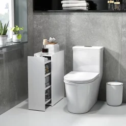 Meuble salle de bain étroit blanc à roulettes, meuble WC et d'appoint avec tiroir 3 compartiments et niche, idéal petits espaces