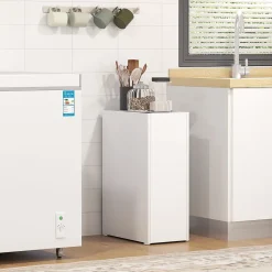 Meuble salle de bain étroit blanc à roulettes, meuble WC et d'appoint avec tiroir 3 compartiments et niche, idéal petits espaces