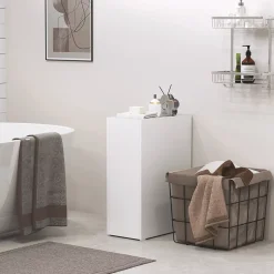 Meuble salle de bain étroit blanc à roulettes, meuble WC et d'appoint avec tiroir 3 compartiments et niche, idéal petits espaces