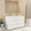 Meuble Salle de Bains 120 cm Laqué Blanc 6 Tiroirs, Vasque, Miroirs 60x80 et Réglettes Led - XENOS